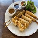 Silver Spoon Sampler Platter with chicken satay, prawn rolls, spring rolls and crab delight